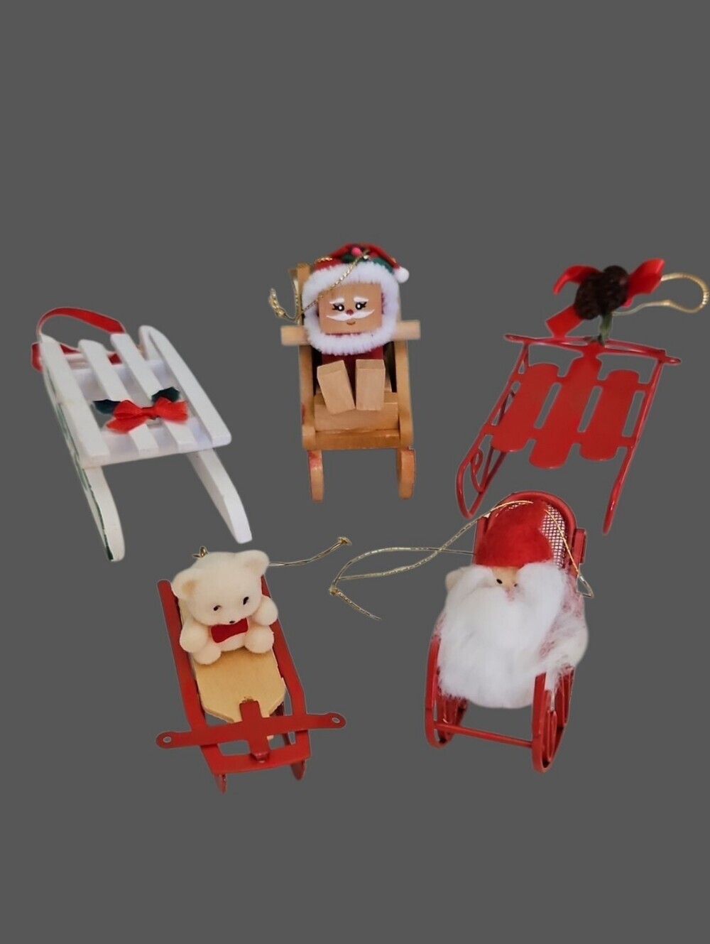 Vintage Christmas Metal and Wood Santa and Teddy Bear Sled Ornaments